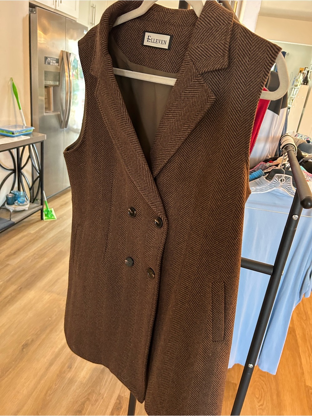 Brown Herringbone Sleeveless Long Vest